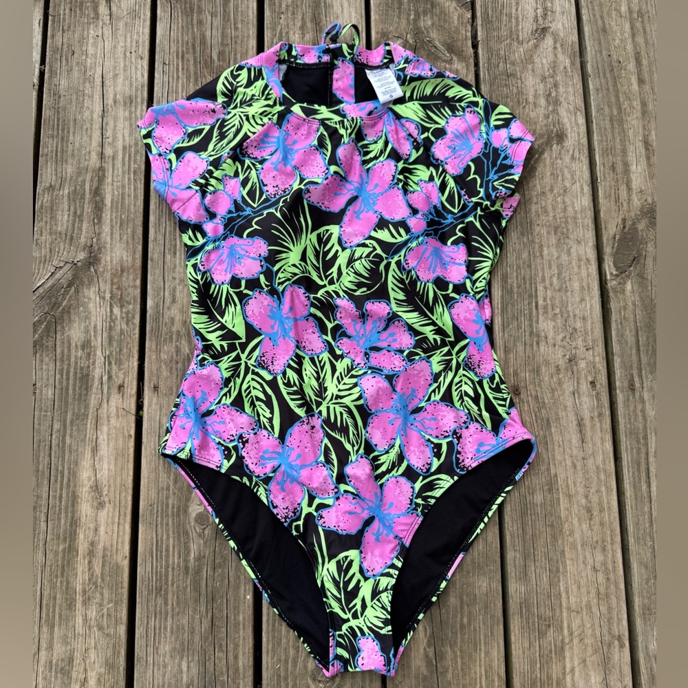 Endless Waves Neon Flower Open Back One Piece Swimsuit - Size XL